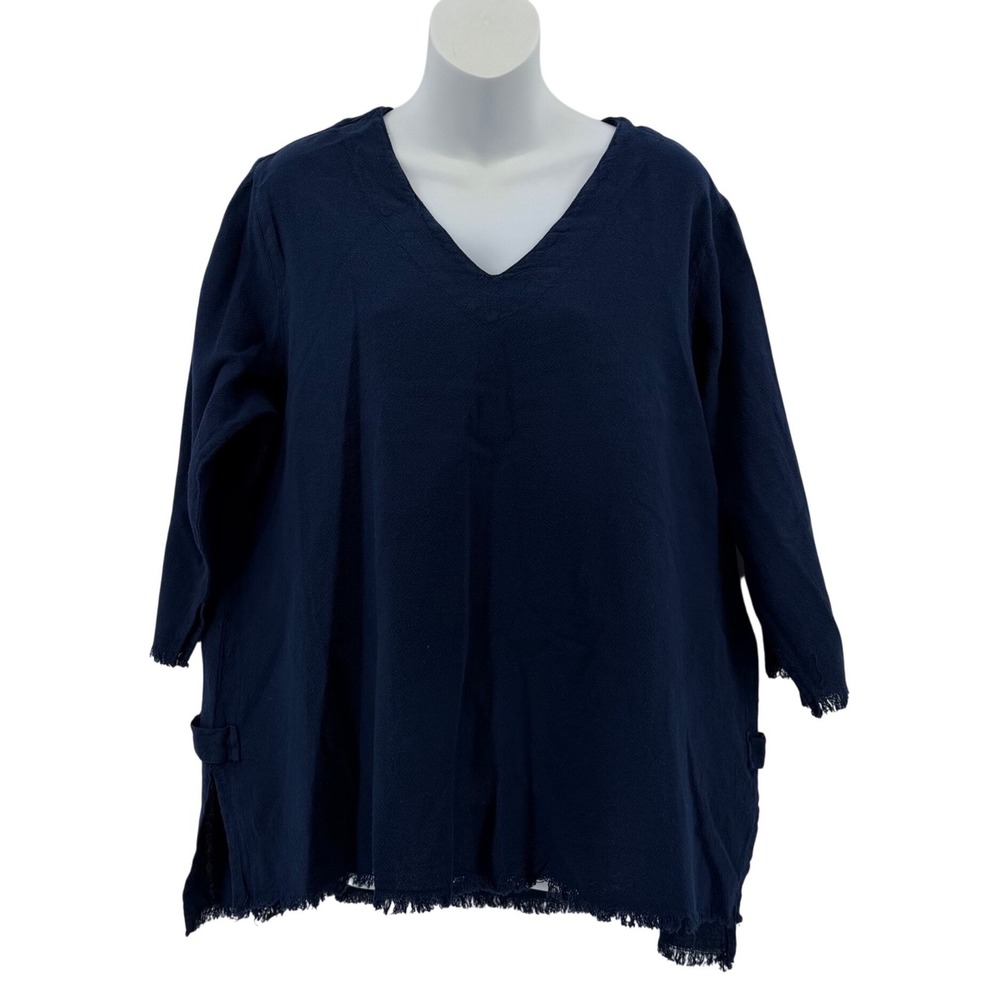 Sea Breeze Of California 100% Cotton Navy Blue Fringe Tunic Top Womens Size M